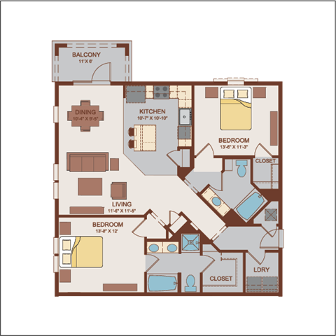 Floor plan for 2 beds, 2 baths, 1224 sqft