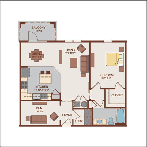 Floor plan for 1 bed, 1 bath, 980 sqft