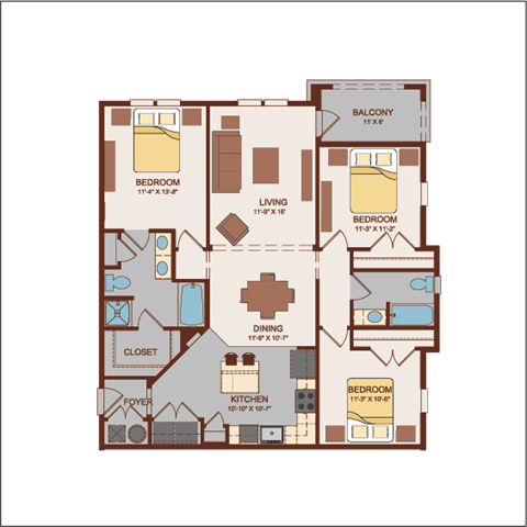 Floor plan for 3 beds, 2 baths, 1351 sqft