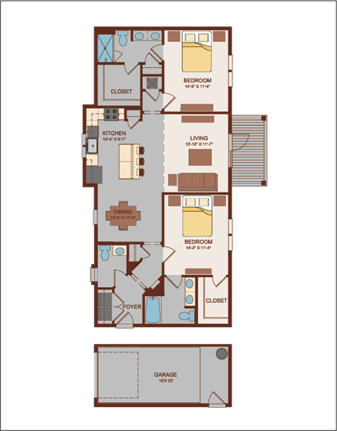Floor plan for 2 beds, 2.5 baths, 1291 sqft