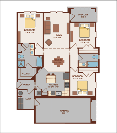 Floor plan for 3 beds, 2 baths, 1401 sqft