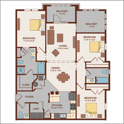Floor plan for 3 beds, 2.5 baths, 1545 sqft