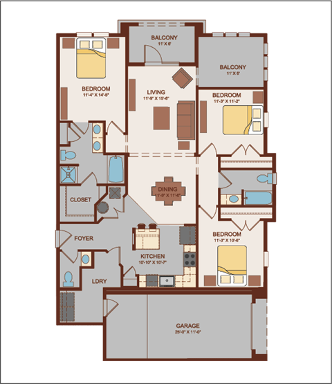 Floor plan for 3 beds, 2.5 baths, 1594 sqft