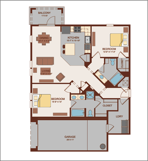 Floor plan for 2 beds, 2 baths, 1274 sqft