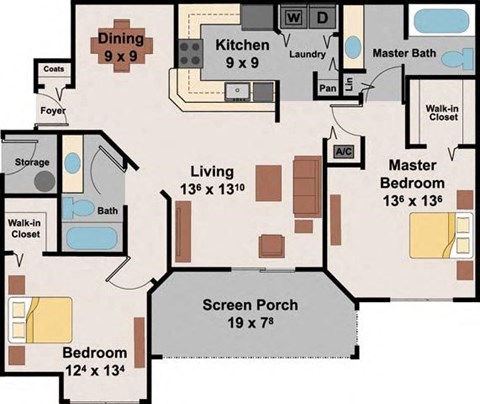 Floor plan for 2 beds, 2 baths, 1340 sqft