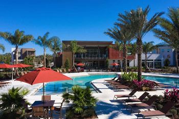 A resort style pool with chaise lounges and palm trees