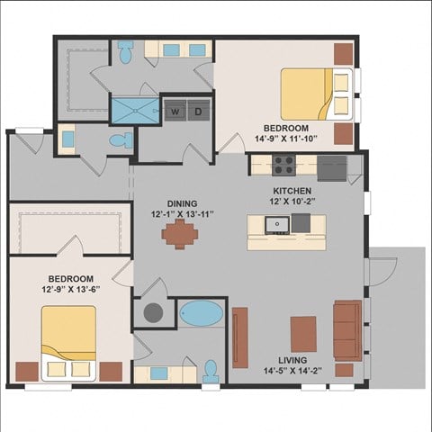 Floor plan for 2 beds, 2.5 baths, 1382 sqft