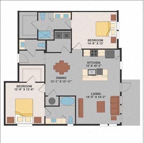 Floor plan for 2 beds, 2.5 baths, 1328 sqft