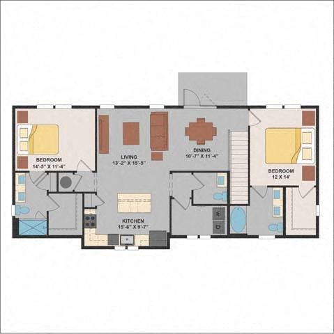 Floor plan for 2 beds, 2.5 baths, 1364 sqft