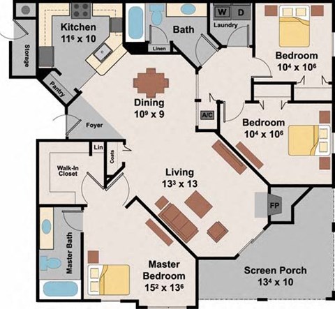 Floor plan for 3 beds, 2 baths, 1619 sqft