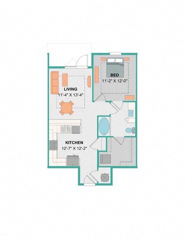 Floor plan for 1 bed, 1 bath, 705 sqft