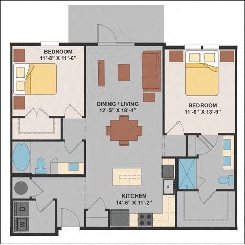 Floor plan for 2 beds, 2 baths, 1131 sqft