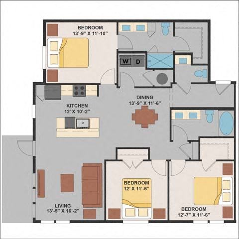 Floor plan for 3 beds, 2.5 baths, 1477 sqft
