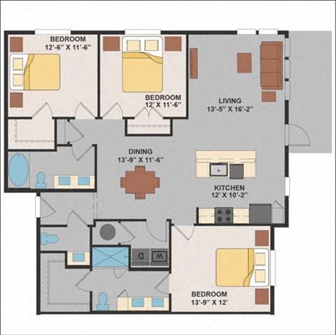 Floor plan for 3 beds, 2.5 baths, 1460 sqft