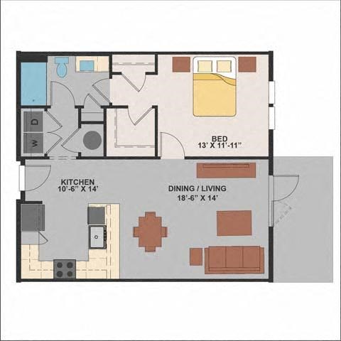 Floor plan for 1 bed, 1 bath, 808 sqft