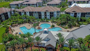 An aerial view of the resort style pool