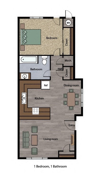 Floor plan for 1 bed, 1 bath, 698 sqft