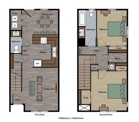 Floor plan for 2 beds, 2 baths, 1078 sqft