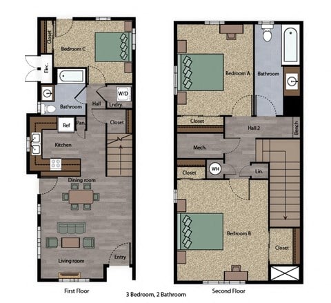 Floor plan for 3 beds, 2 baths, 1356 sqft