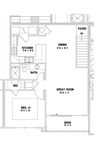 Floor plan for 1 bed, 1 bath, 851 sqft
