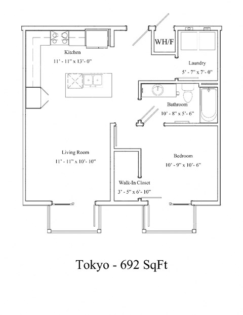 Floor plan for 1 bed, 1 bath, 697 sqft