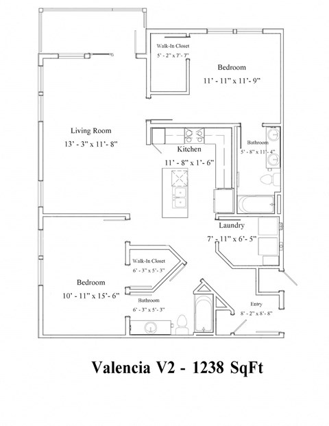 Floor plan for 2 beds, 2 baths, 1240 sqft