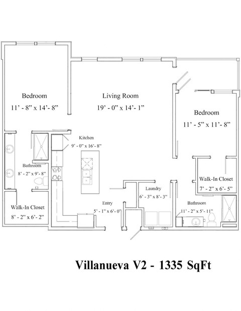 Floor plan for 2 beds, 2 baths, 1335 sqft