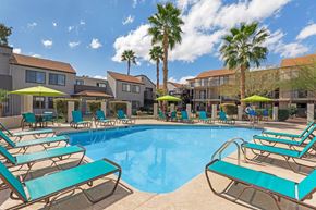 Tucson apartment for rent - A pool surrounded by sun loungers and palm trees.