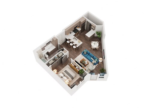 Floor plan for 1 bed, 1 bath, 728 sqft
