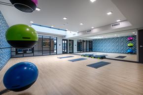 Tacoma apartment for rent - A gym with a blue and green exercise ball on the floor.