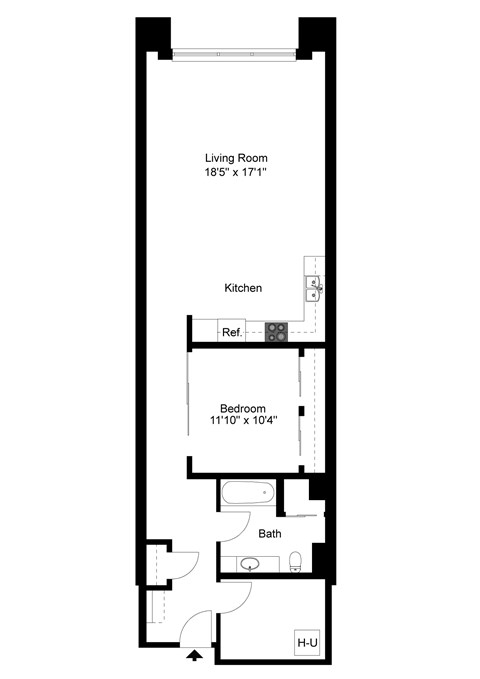 Floor plan for 1 bed, 1 bath, 1030 sqft