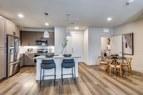Midlothian apartment for rent - an open kitchen and dining area with a large island and stainless steel appliances