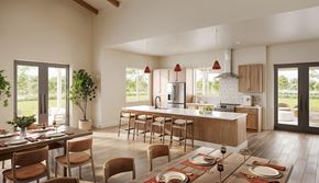 Lacey apartment for rent - A modern kitchen with a dining table set for a meal.