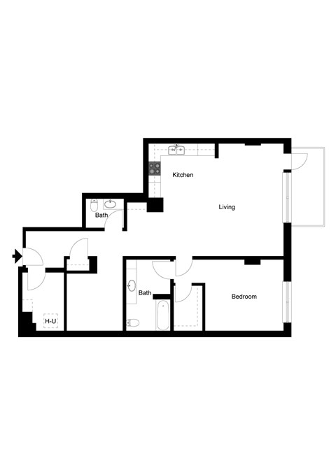 Floor plan for 1 bed, 1.5 baths, 1214 sqft