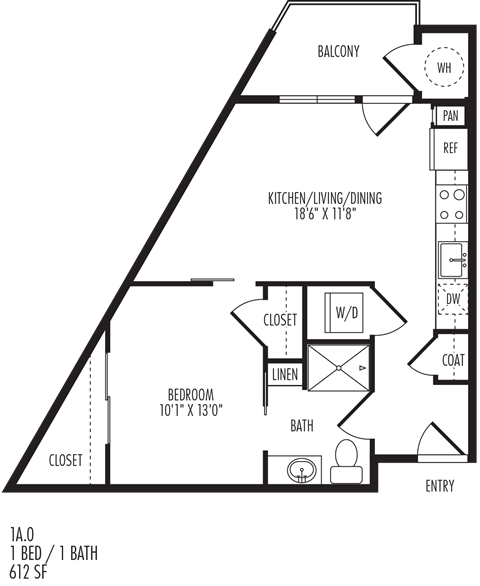 Floor plan for 1 bed, 1 bath, 612 sqft