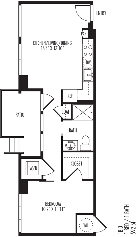 Floor plan for 1 bed, 1 bath, 617 sqft