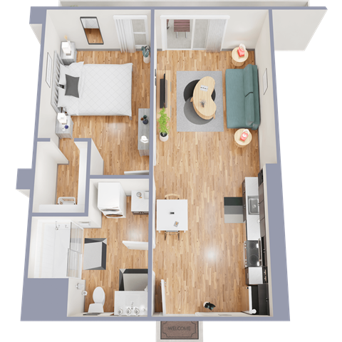 Floor plan for 1 bed, 1 bath, 635 sqft