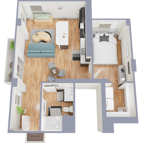 Floor plan for 1 bed, 1 bath, 732 sqft