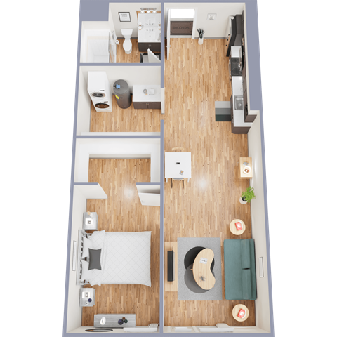 Floor plan for 1 bed, 1 bath, 869 sqft