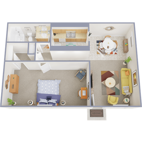 Floor plan for 1 bed, 1 bath, 657 sqft