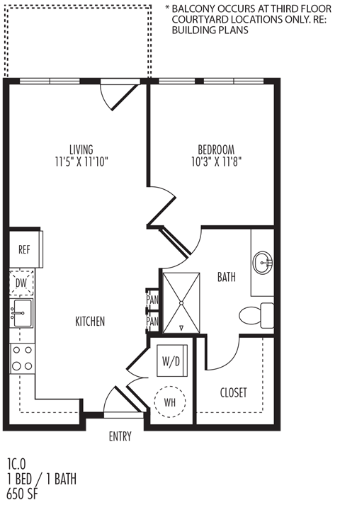 Floor plan for 1 bed, 1 bath, 730 sqft