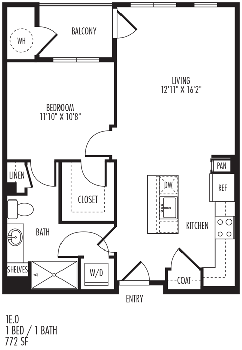 Floor plan for 1 bed, 1 bath, 772 sqft