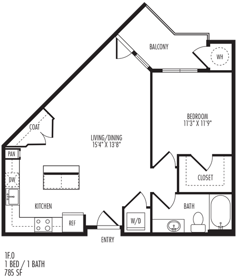 Floor plan for 1 bed, 1 bath, 785 sqft