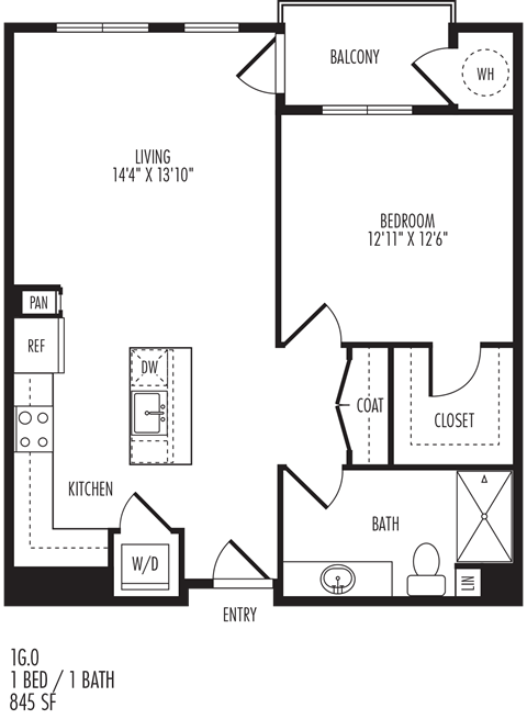 Floor plan for 1 bed, 1 bath, 845 sqft