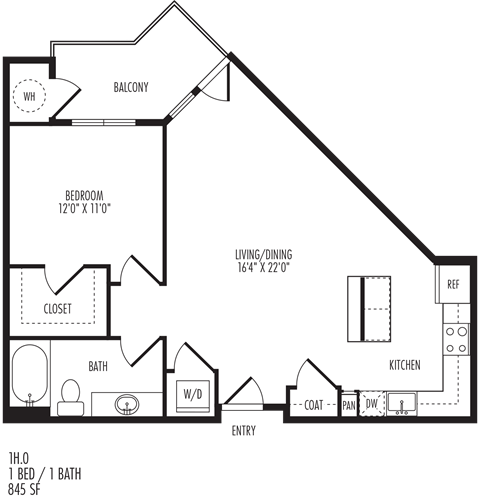 Floor plan for 1 bed, 1 bath, 845 sqft