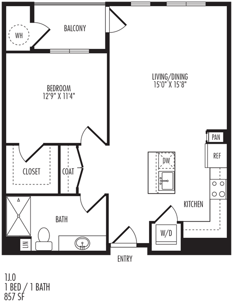 Floor plan for 1 bed, 1 bath, 965 sqft