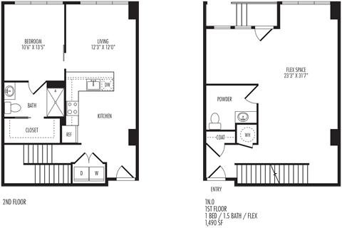 Floor plan for 1 bed, 1.5 baths, 1490 sqft