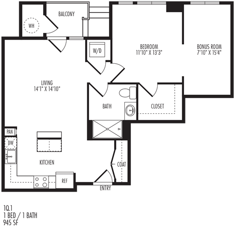 Floor plan for 1 bed, 1 bath, 945 sqft