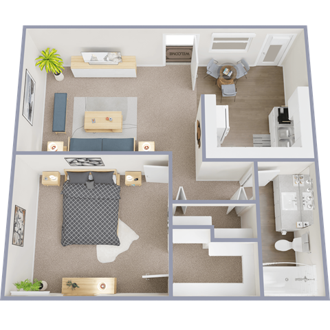 Floor plan for 1 bed, 1 bath, 620 sqft