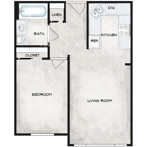 Floor plan for 1 bed, 1 bath, 600 sqft